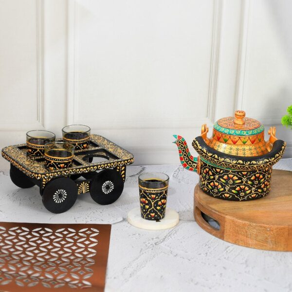 HandPainted Alluminium  Tea Kettle with Four Glasses and Wooden Tray For Home Décor , Tea Party , Serving