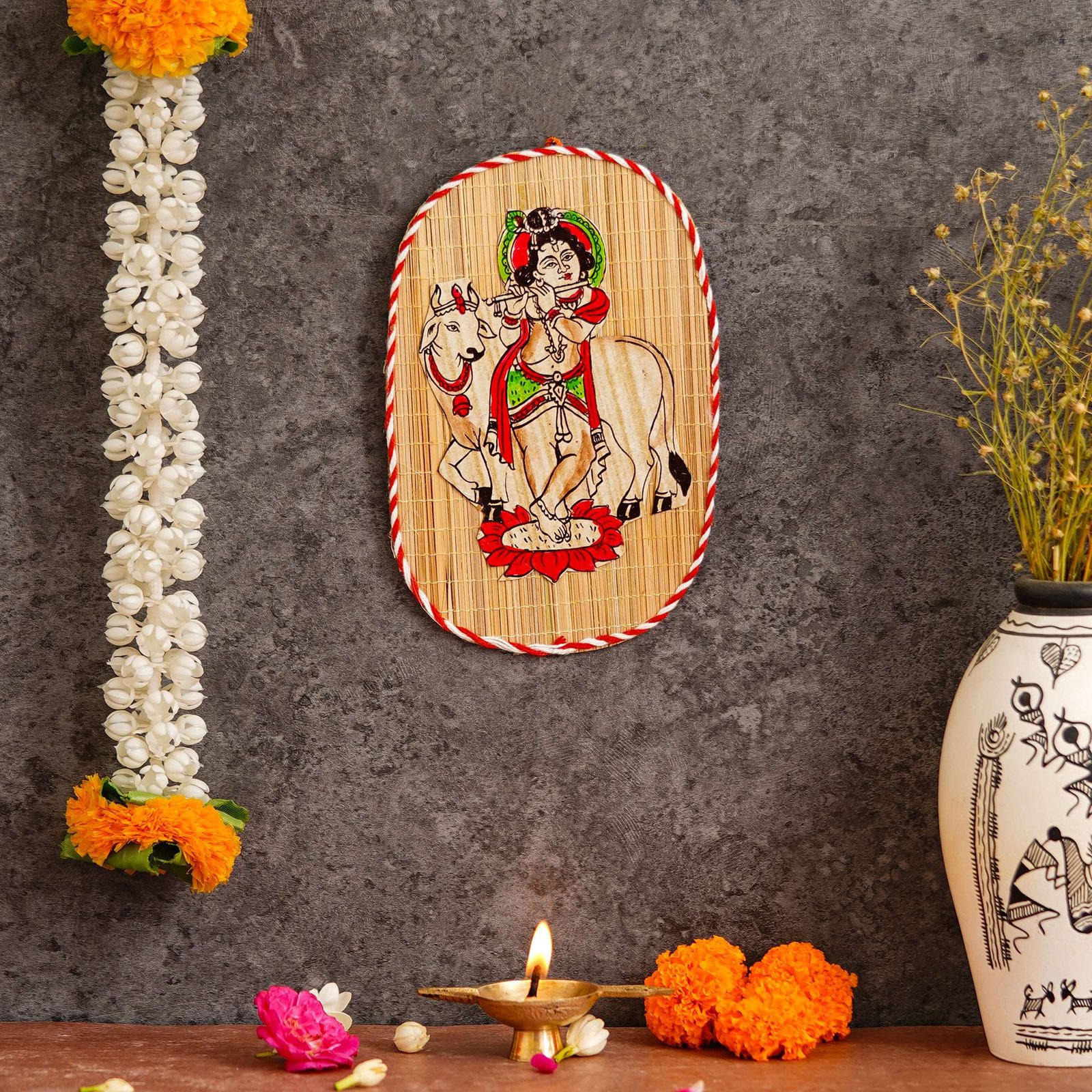 Oval Shaped Design Bamboo Hand Crafted Wall Hangings Of Bal Gopal With Holy Cow For Home D?cor | Bamboo Art For Wall Decor - Image 4