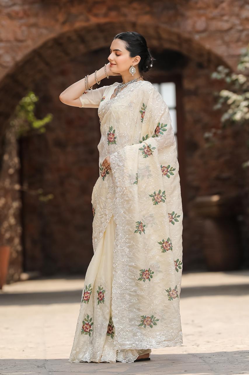 Women's Elegant Sage Green Georgette Saree with Delicate Floral Embroidery & Sequin Work – Perfect for Summer Festivities & Day Events - Image 4