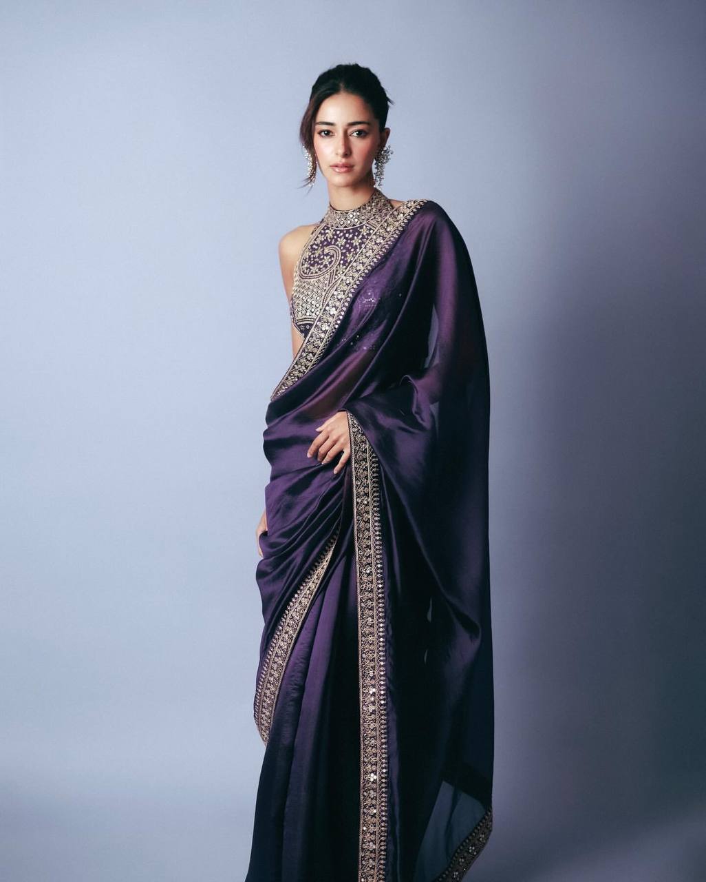 Women's Luxurious Plum Satin Saree with Intricate Zari & Sequin Embroidered Blouse