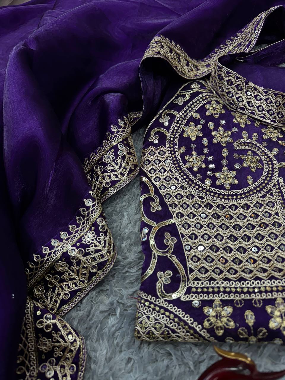 Women's Luxurious Plum Satin Saree with Intricate Zari & Sequin Embroidered Blouse - Image 2