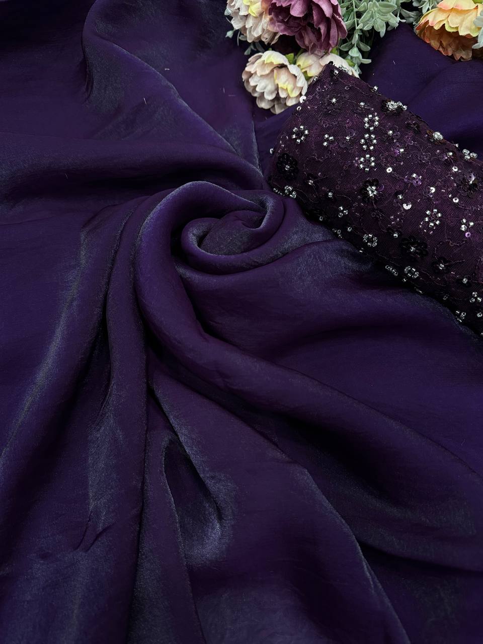 Women's Luxurious Deep Purple Tissue Silk Saree with Sequin-Embroidered Blouse Piece