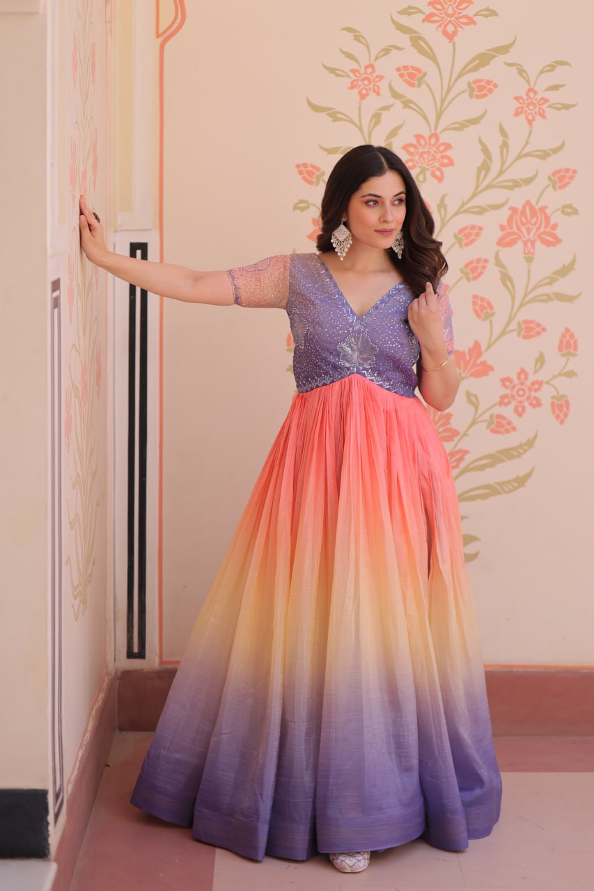 Women's Dual-Tone Ombre Gown in Candy Pink & Aqua Green with Embroidered Bodice – Festive & Contemporary Wear - Image 9