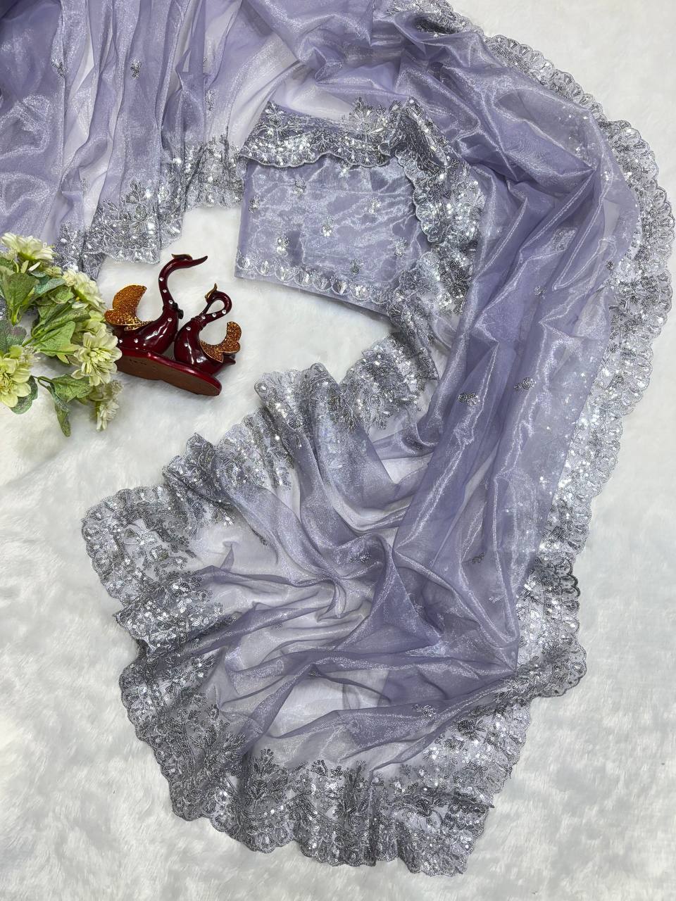 Women's Dreamy Lavender Twill Net Saree with All-Over Silver Sequin & Thread Embroidery – Complete with Heavily Worked Border for Festive & Wedding Wear - Image 4