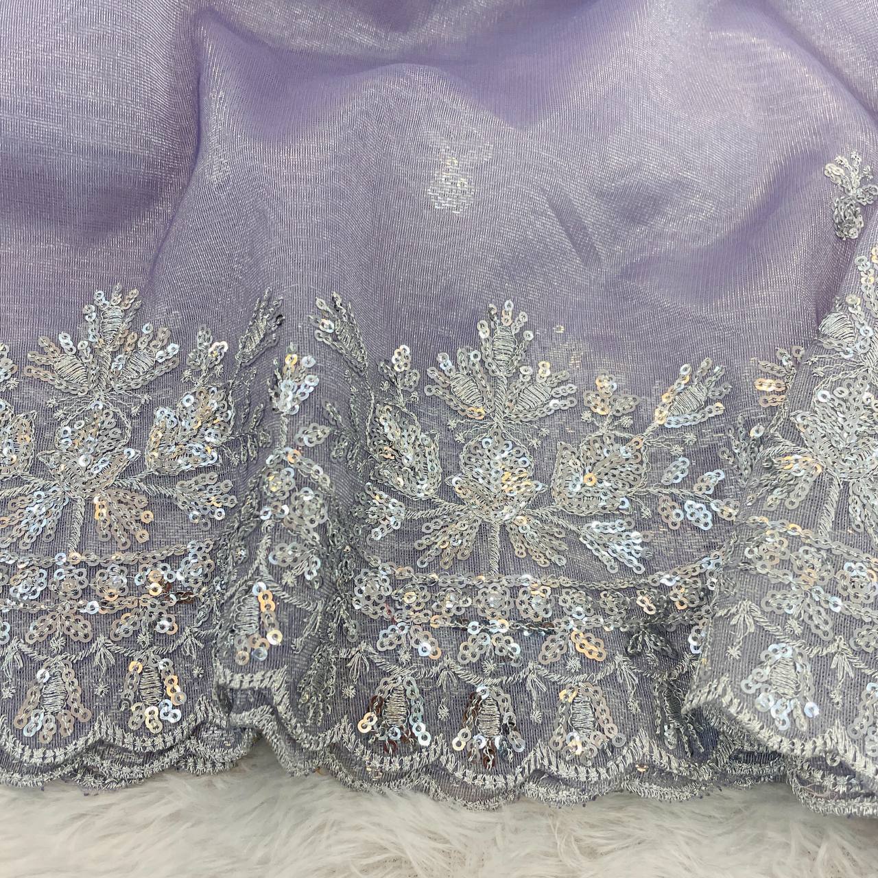 Women's Dreamy Lavender Twill Net Saree with All-Over Silver Sequin & Thread Embroidery – Complete with Heavily Worked Border for Festive & Wedding Wear - Image 2
