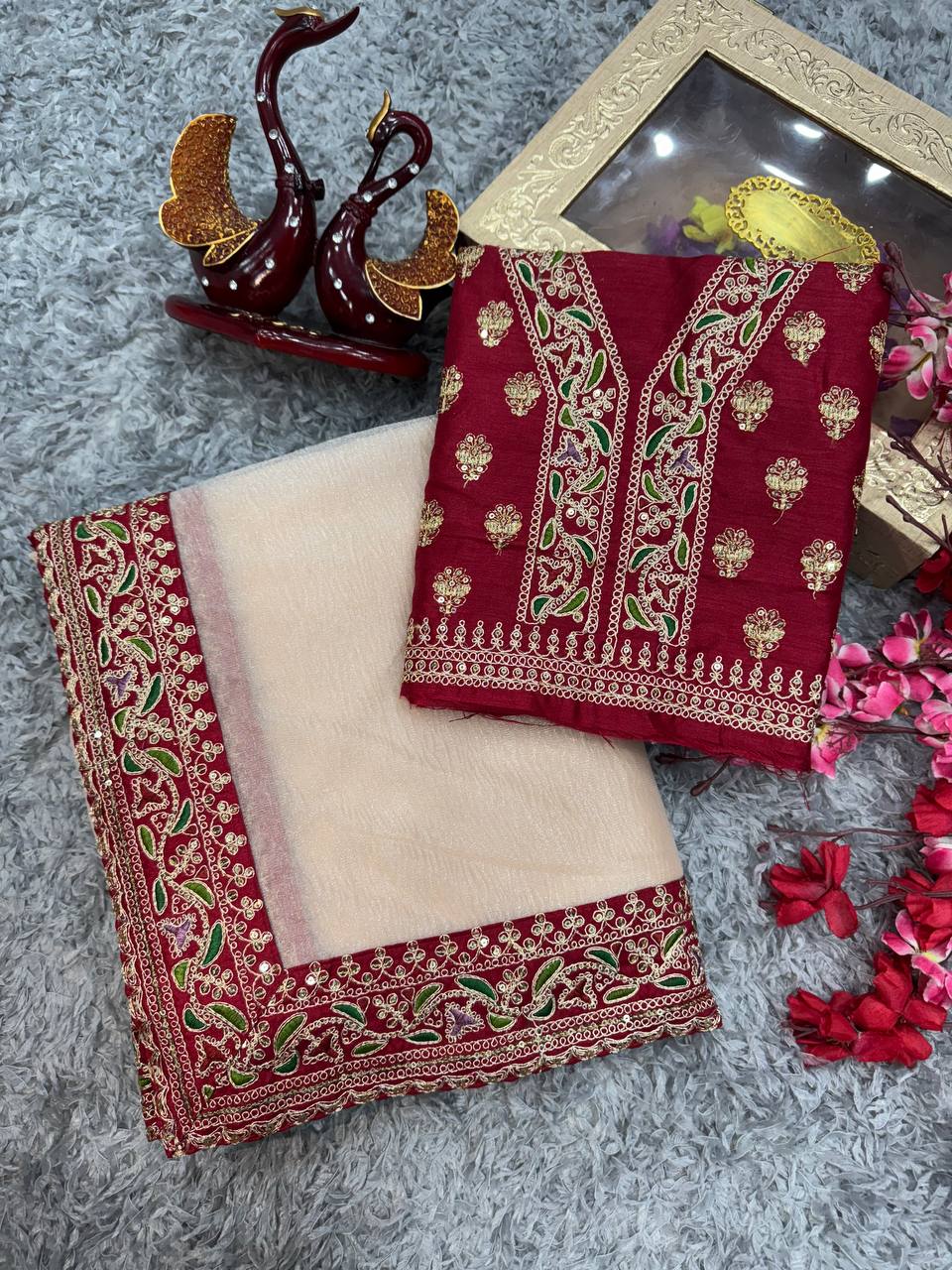Women's Elegant Cream Georgette/Chiffon Saree with Maroon Zari & Thread Work Border – Paired with Heavy Embroidered Blouse for Wedding & Festive Wear - Image 4