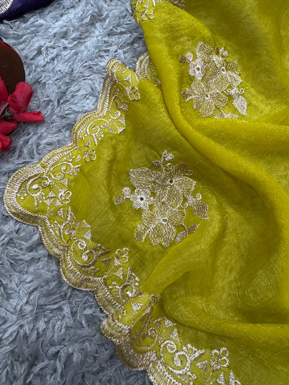 Women's Radiant Lime Yellow Organza Saree with Intricate Gold Zari Embroidery & Scalloped Border – Complete with Blouse Piece for Festive & Party Wear - Image 5