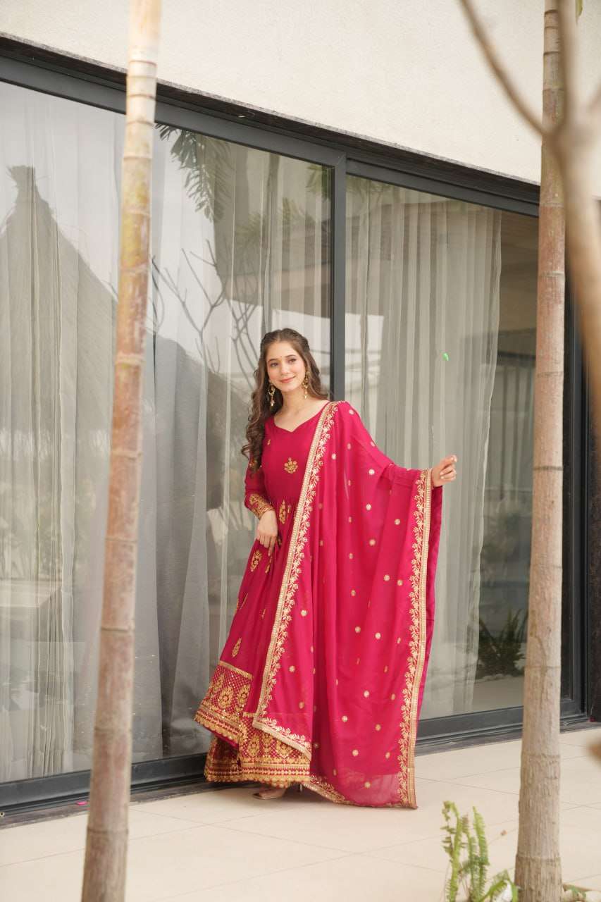 Women’s Ethnic Anarkali Style Floor-Length Gown in Magenta with Golden Zari Embroidery – Festive & Wedding Wear - Image 2